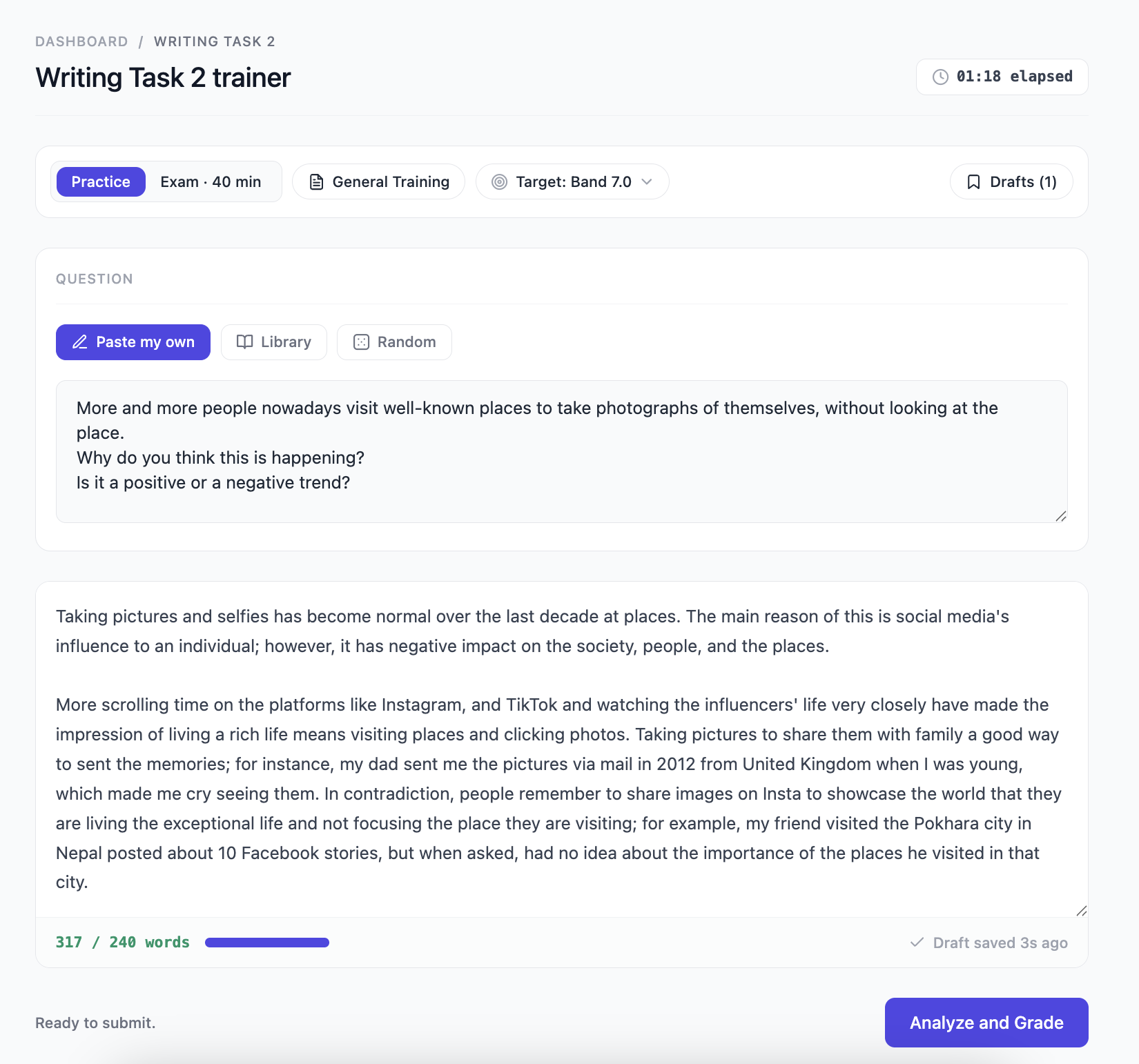 IELTS Writing Task 2 practice editor with timer and live word count